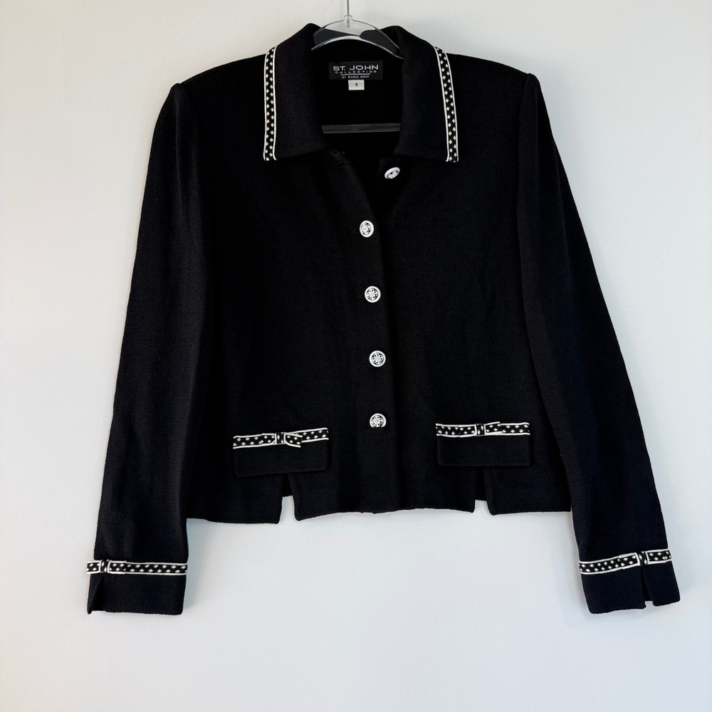 Vintage St. John Collection Santana Knit Sweater Jacket Women 6 Black